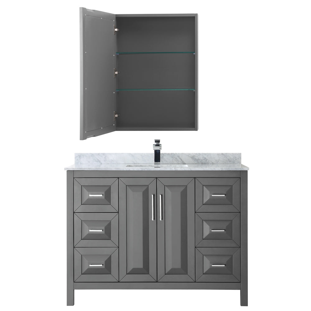 Daria 48 Inch Single Bathroom Vanity in Dark Gray White Carrara Marble Countertop Undermount Square Sink and Medicine Cabinet