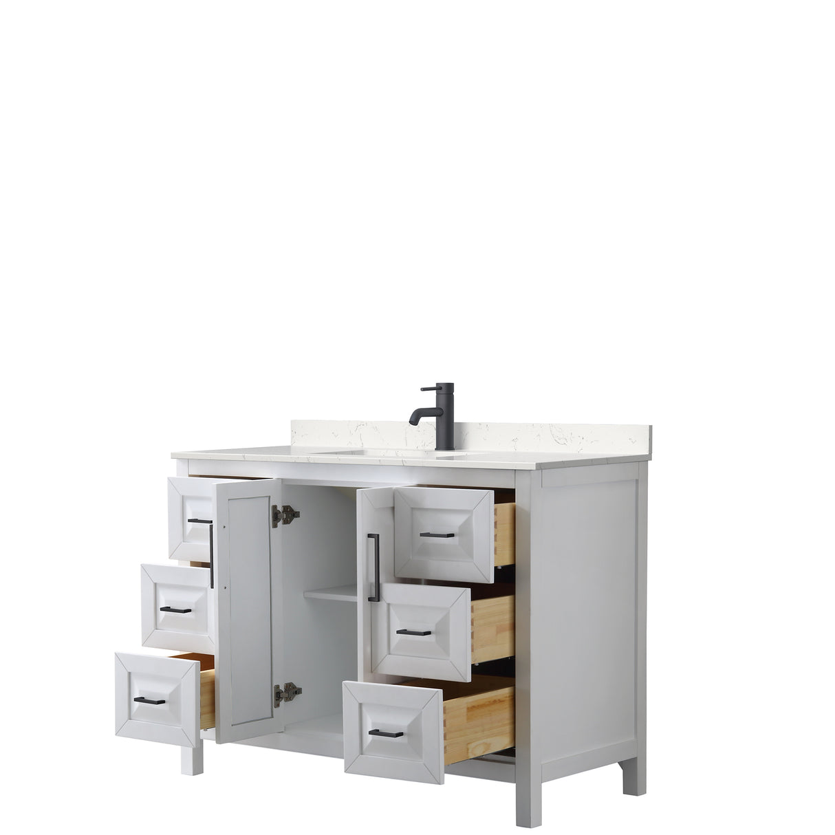 Daria 48 Inch Single Bathroom Vanity in White Carrara Cultured Marble Countertop Undermount Square Sink Matte Black Trim