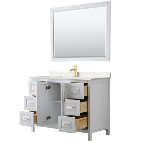 Daria 48 Inch Single Bathroom Vanity in White Carrara Cultured Marble Countertop Undermount Square Sink 46 Inch Mirror Brushed Gold Trim
