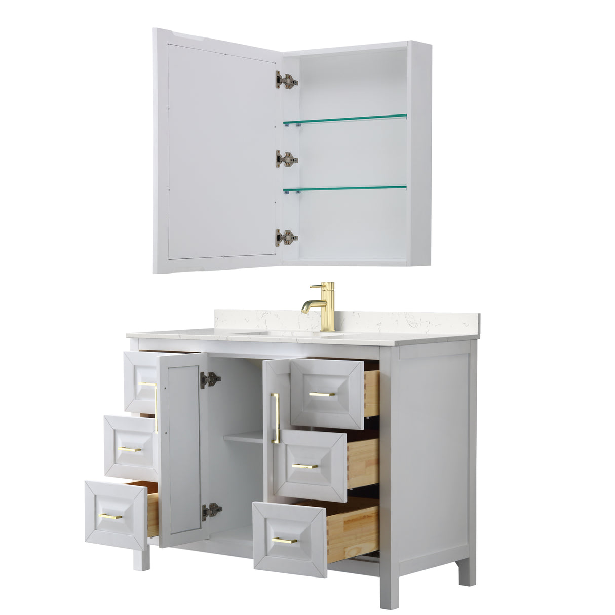 Daria 48 Inch Single Bathroom Vanity in White Carrara Cultured Marble Countertop Undermount Square Sink Medicine Cabinet Brushed Gold Trim