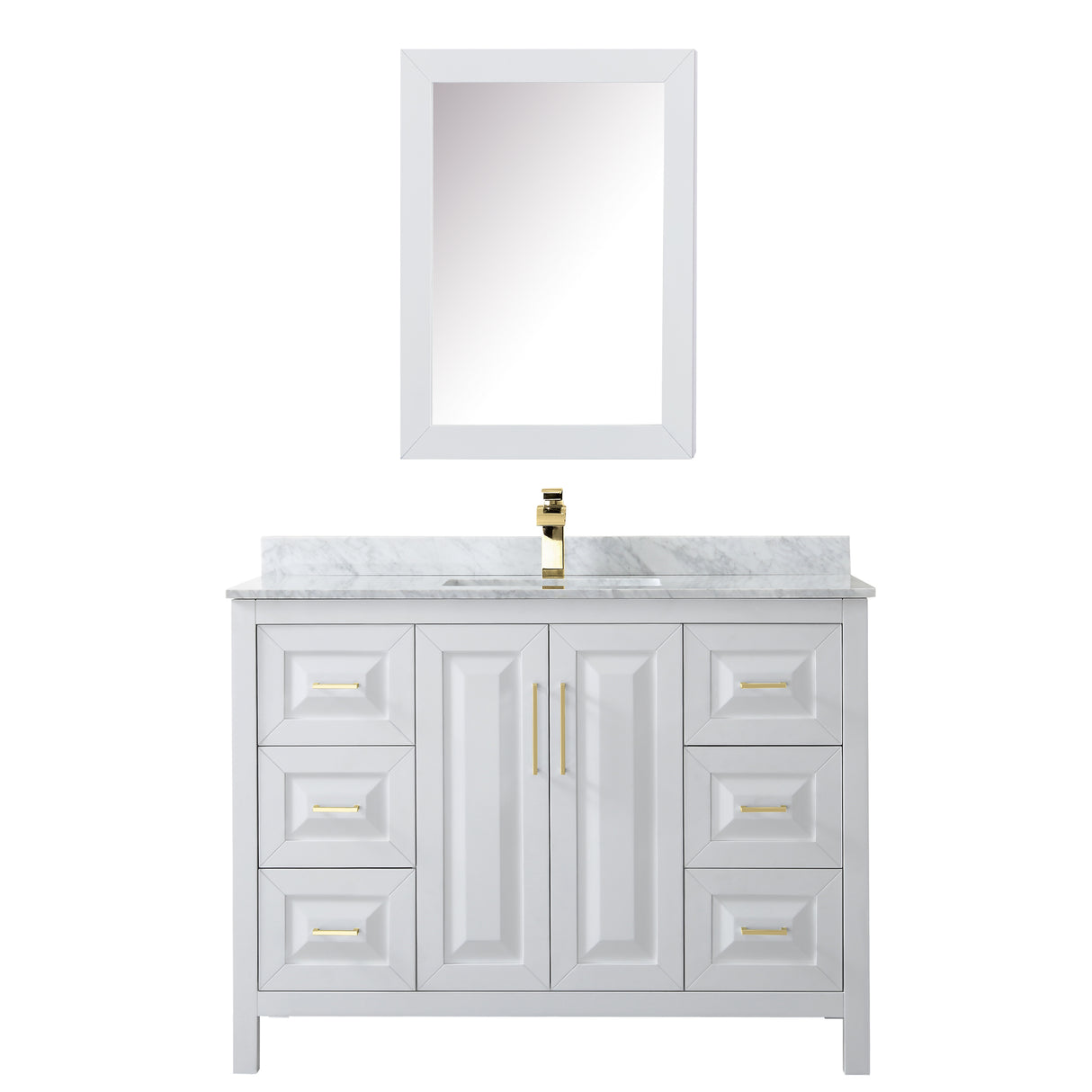 Daria 48 Inch Single Bathroom Vanity in White White Carrara Marble Countertop Undermount Square Sink Medicine Cabinet Brushed Gold Trim