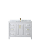 Daria 48 Inch Single Bathroom Vanity in White White Carrara Marble Countertop Undermount Square Sink Brushed Gold Trim