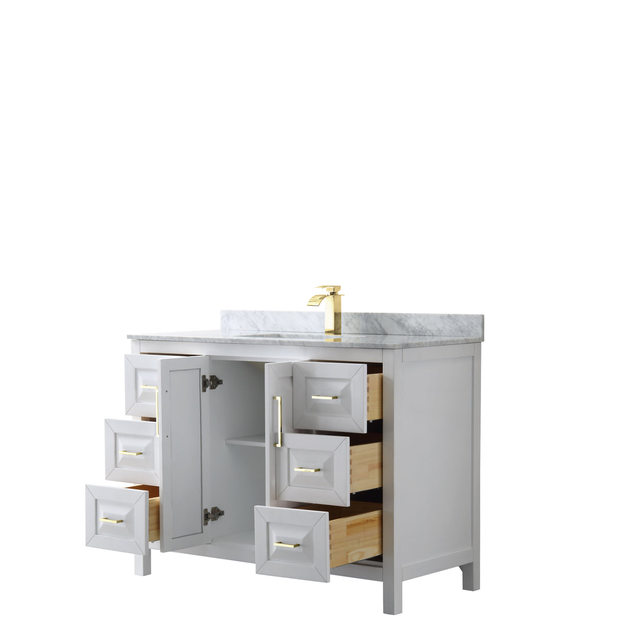 Daria 48 Inch Single Bathroom Vanity in White White Carrara Marble Countertop Undermount Square Sink Brushed Gold Trim