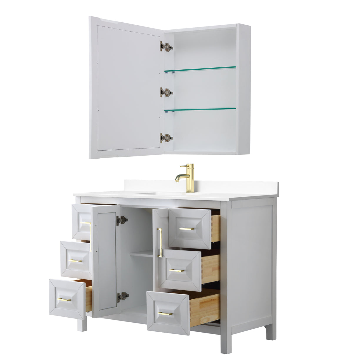 Daria 48 Inch Single Bathroom Vanity in White White Cultured Marble Countertop Undermount Square Sink Medicine Cabinet Brushed Gold Trim
