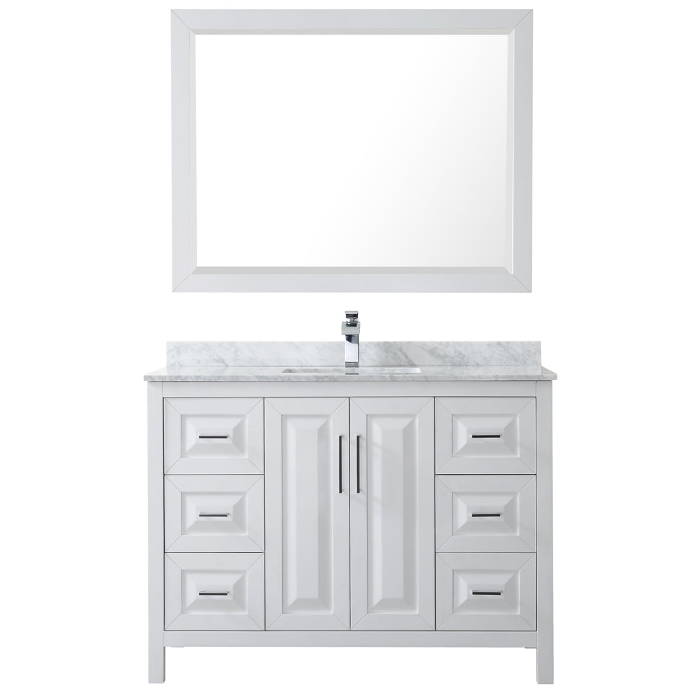 Daria 48 Inch Single Bathroom Vanity in White White Carrara Marble Countertop Undermount Square Sink and 46 Inch Mirror