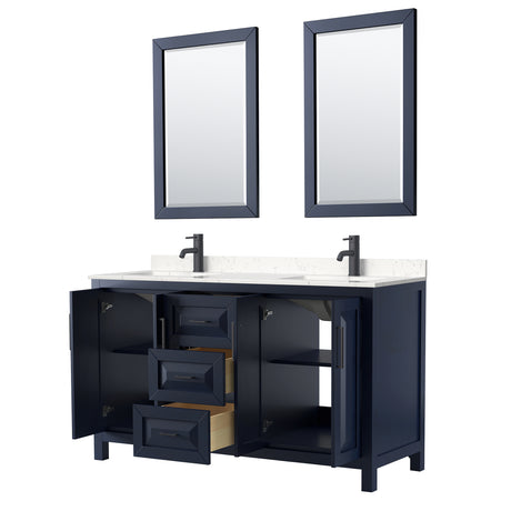 Daria 60 Inch Double Bathroom Vanity in Dark Blue Carrara Cultured Marble Countertop Undermount Square Sinks Matte Black Trim 24 Inch Mirrors