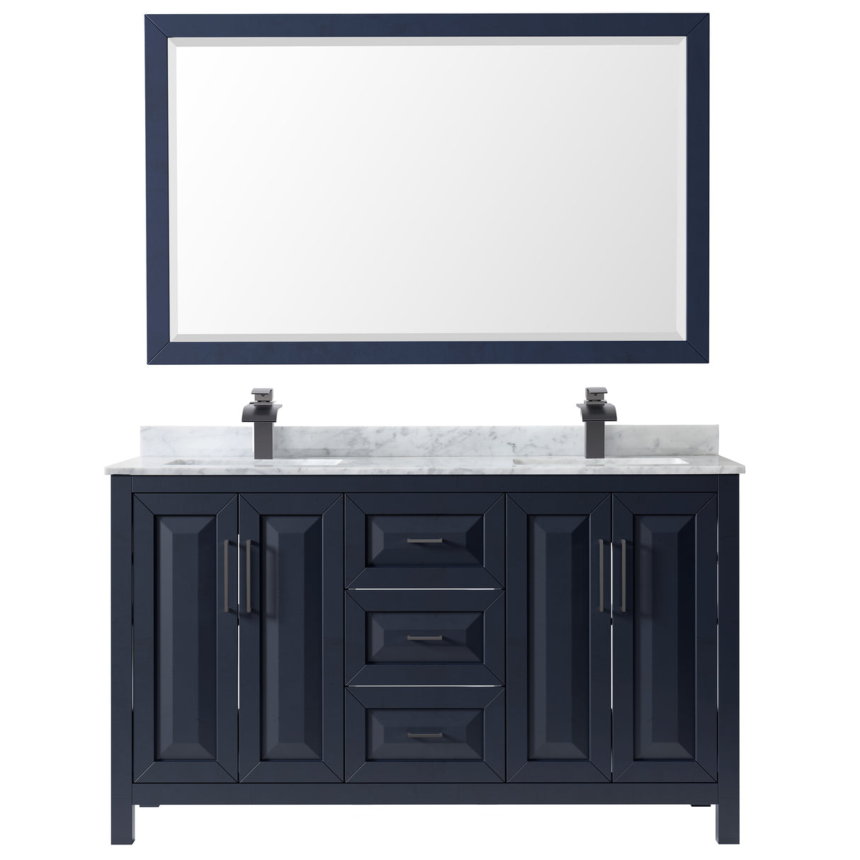 Daria 60 Inch Double Bathroom Vanity in Dark Blue White Carrara Marble Countertop Undermount Square Sinks Matte Black Trim 58 Inch Mirror