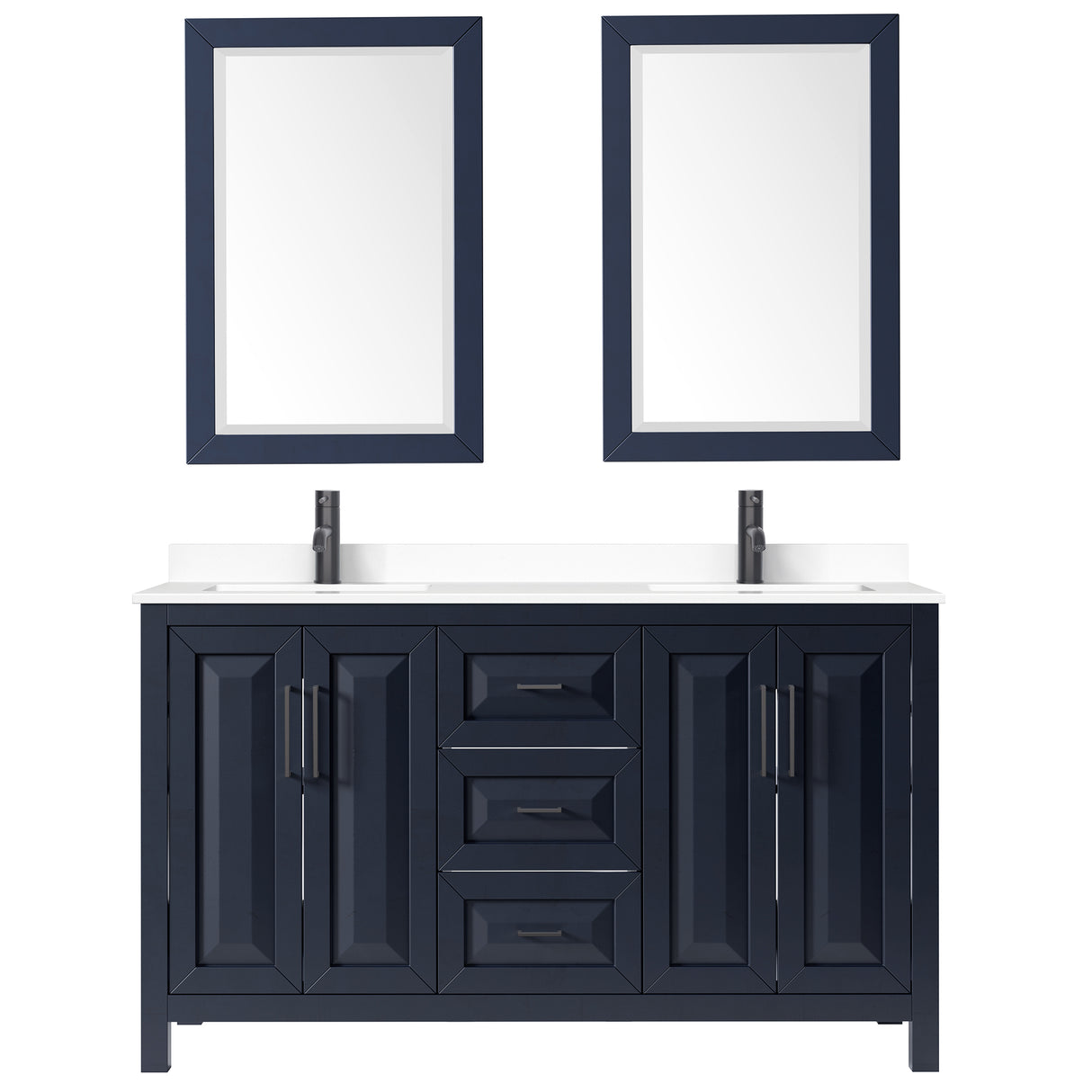 Daria 60 Inch Double Bathroom Vanity in Dark Blue White Cultured Marble Countertop Undermount Square Sinks Matte Black Trim 24 Inch Mirrors