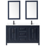 Daria 60 Inch Double Bathroom Vanity in Dark Blue White Cultured Marble Countertop Undermount Square Sinks Matte Black Trim 24 Inch Mirrors