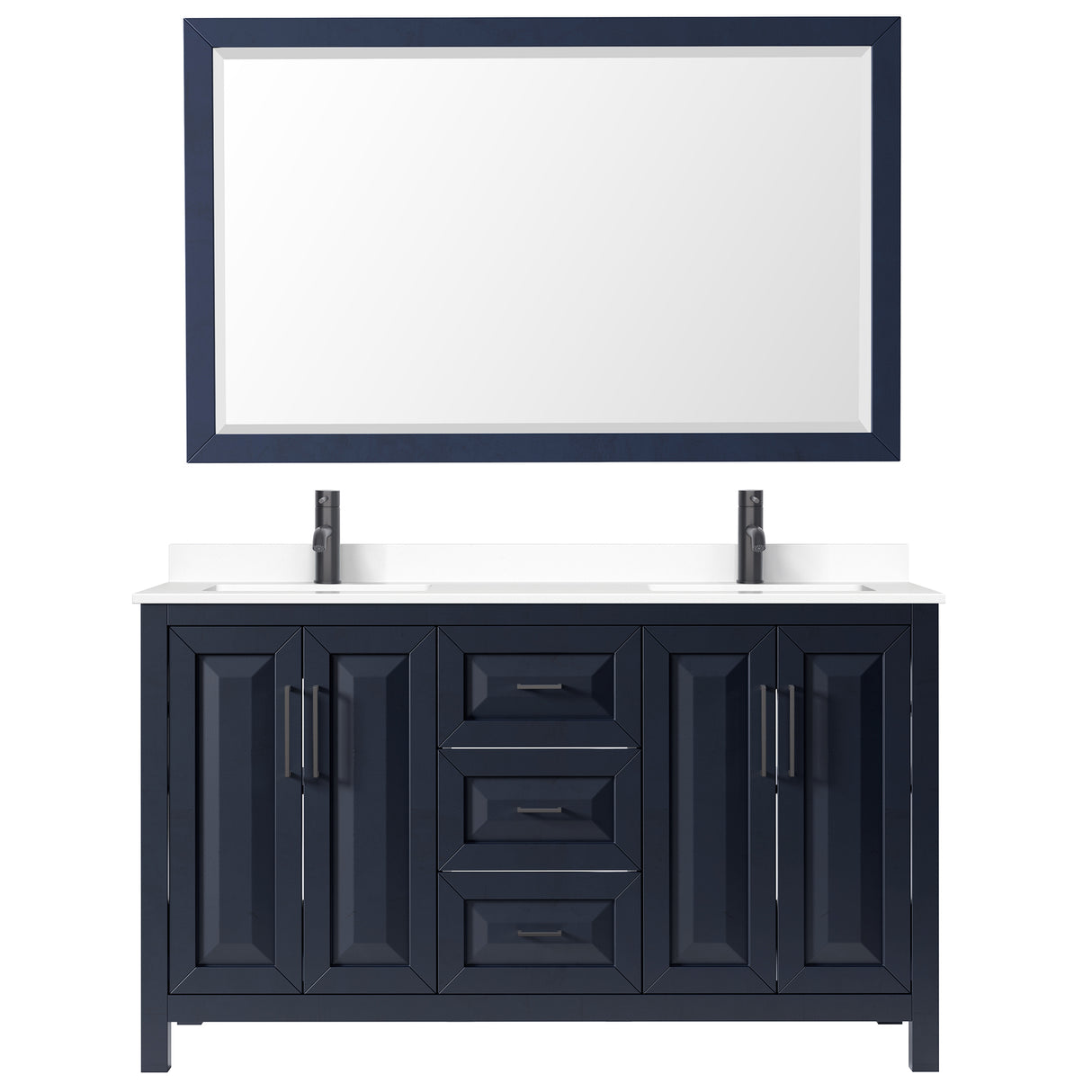 Daria 60 Inch Double Bathroom Vanity in Dark Blue White Cultured Marble Countertop Undermount Square Sinks Matte Black Trim 58 Inch Mirror