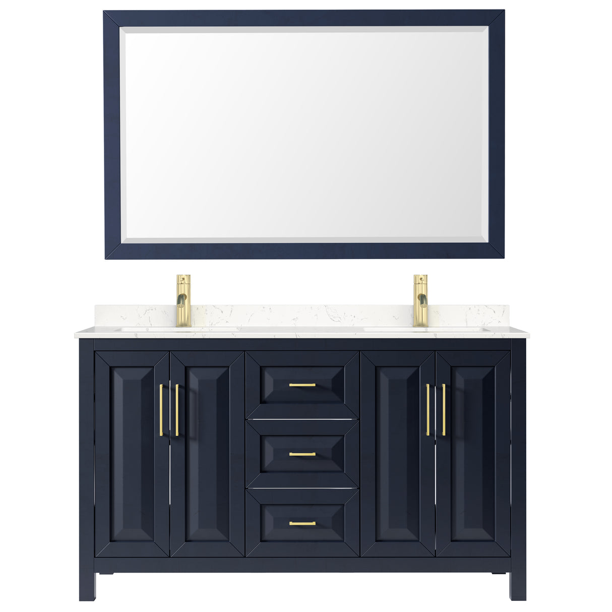 Daria 60 Inch Double Bathroom Vanity in Dark Blue Carrara Cultured Marble Countertop Undermount Square Sinks 58 Inch Mirror