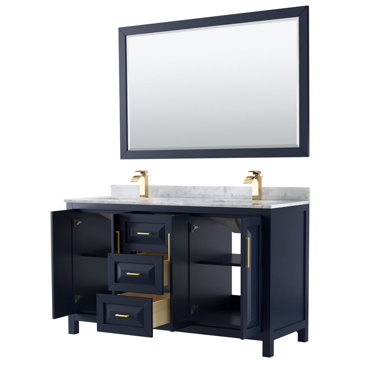Daria 60 Inch Double Bathroom Vanity in Dark Blue White Carrara Marble Countertop Undermount Square Sinks 58 Inch Mirror