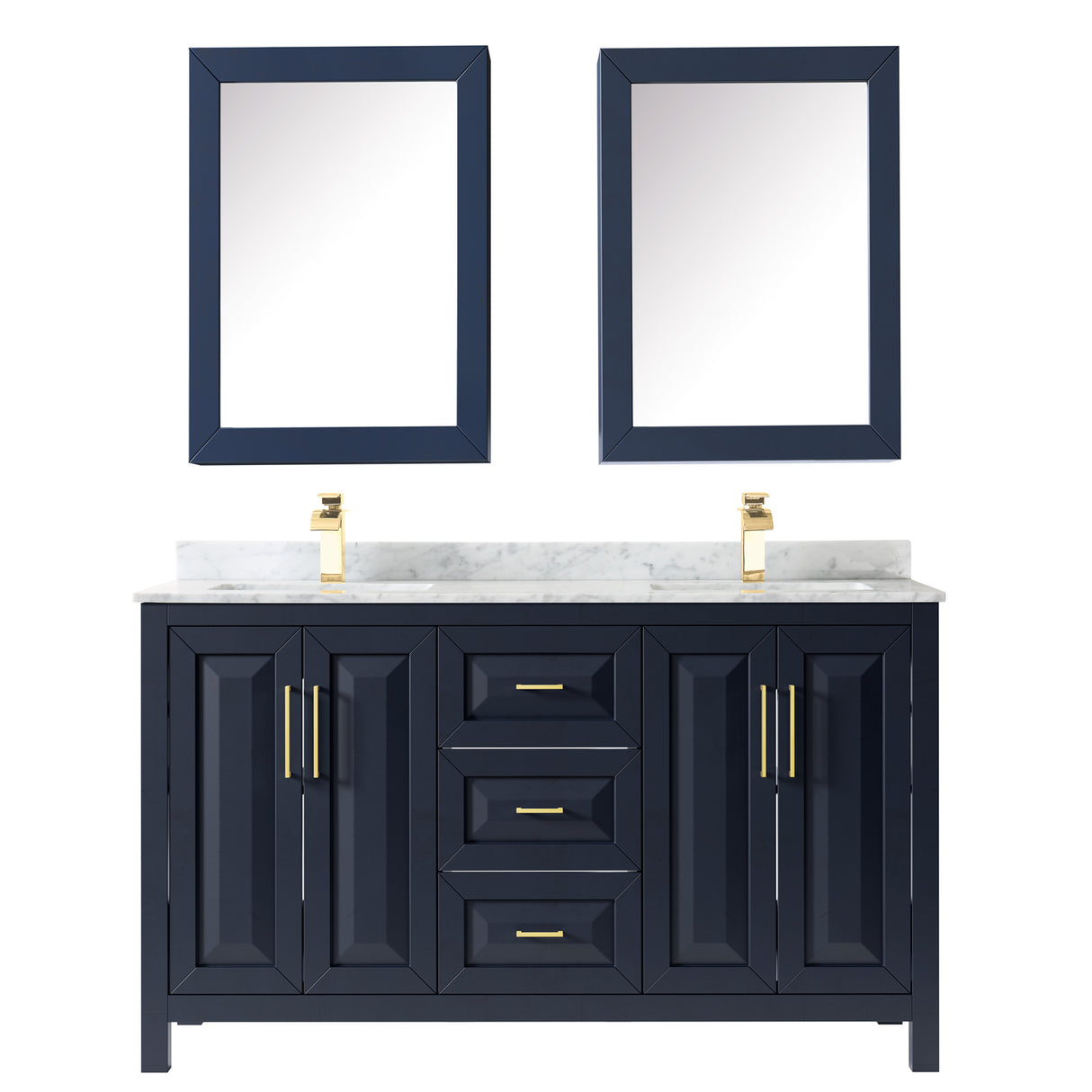 Daria 60 Inch Double Bathroom Vanity in Dark Blue White Carrara Marble Countertop Undermount Square Sinks Medicine Cabinets