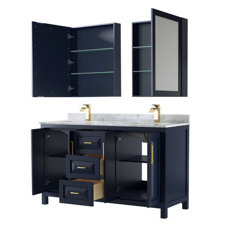Daria 60 Inch Double Bathroom Vanity in Dark Blue White Carrara Marble Countertop Undermount Square Sinks Medicine Cabinets