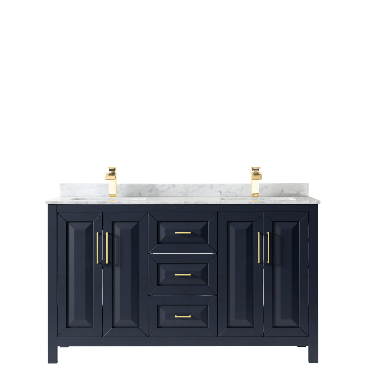 Daria 60 Inch Double Bathroom Vanity in Dark Blue White Carrara Marble Countertop Undermount Square Sinks No Mirror