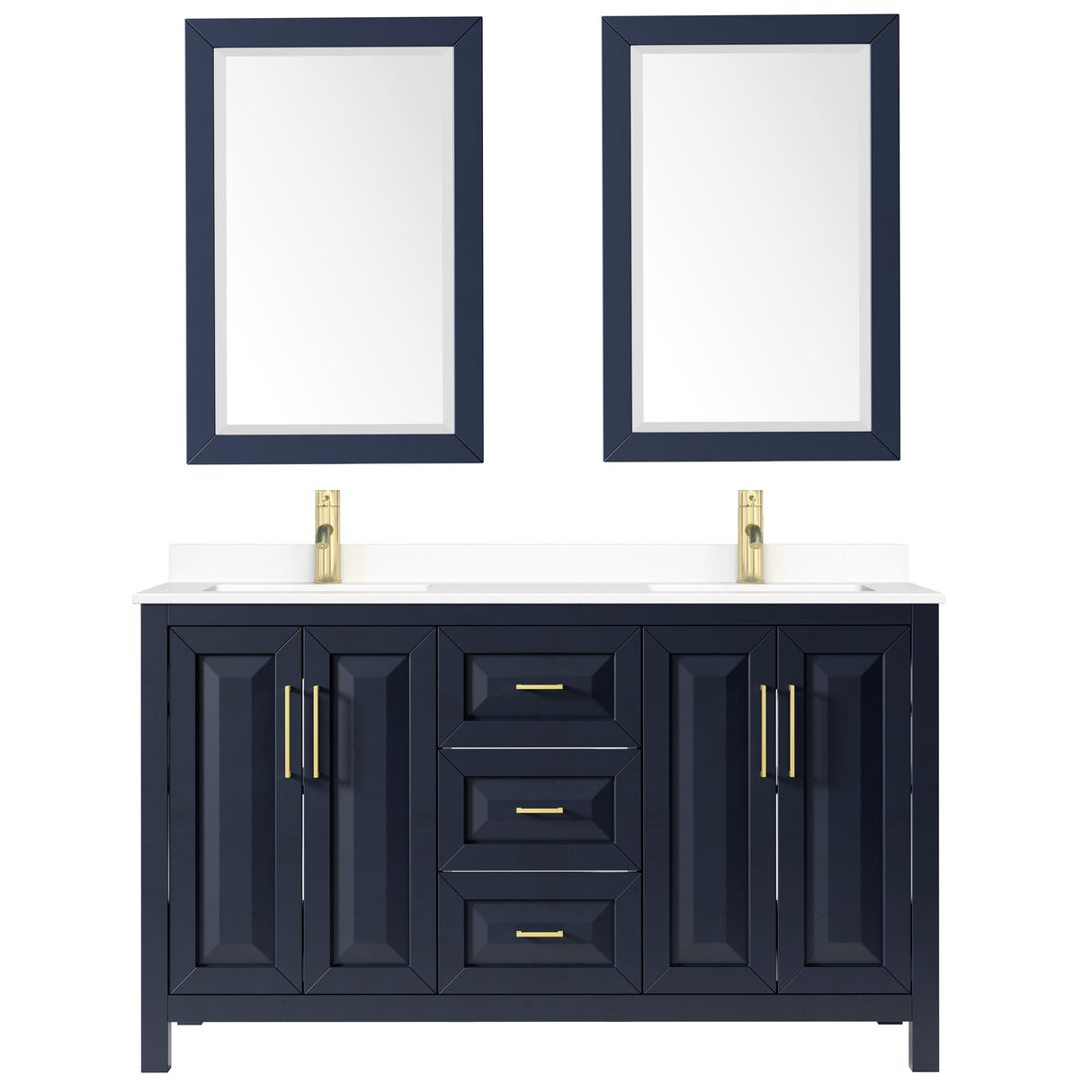 Daria 60 Inch Double Bathroom Vanity in Dark Blue White Cultured Marble Countertop Undermount Square Sinks 24 Inch Mirrors
