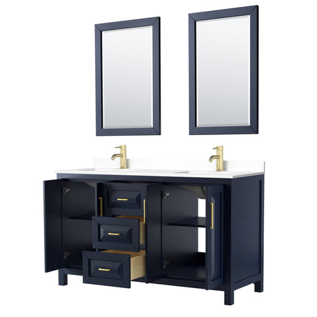 Daria 60 Inch Double Bathroom Vanity in Dark Blue White Cultured Marble Countertop Undermount Square Sinks 24 Inch Mirrors