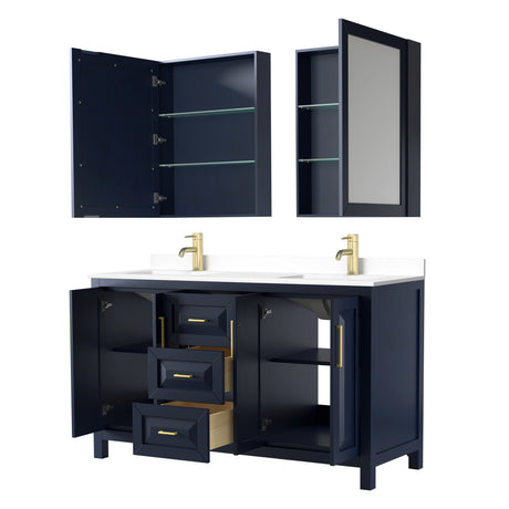Daria 60 Inch Double Bathroom Vanity in Dark Blue White Cultured Marble Countertop Undermount Square Sinks Medicine Cabinets
