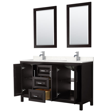 Daria 60 Inch Double Bathroom Vanity in Dark Espresso Carrara Cultured Marble Countertop Undermount Square Sinks 24 Inch Mirrors