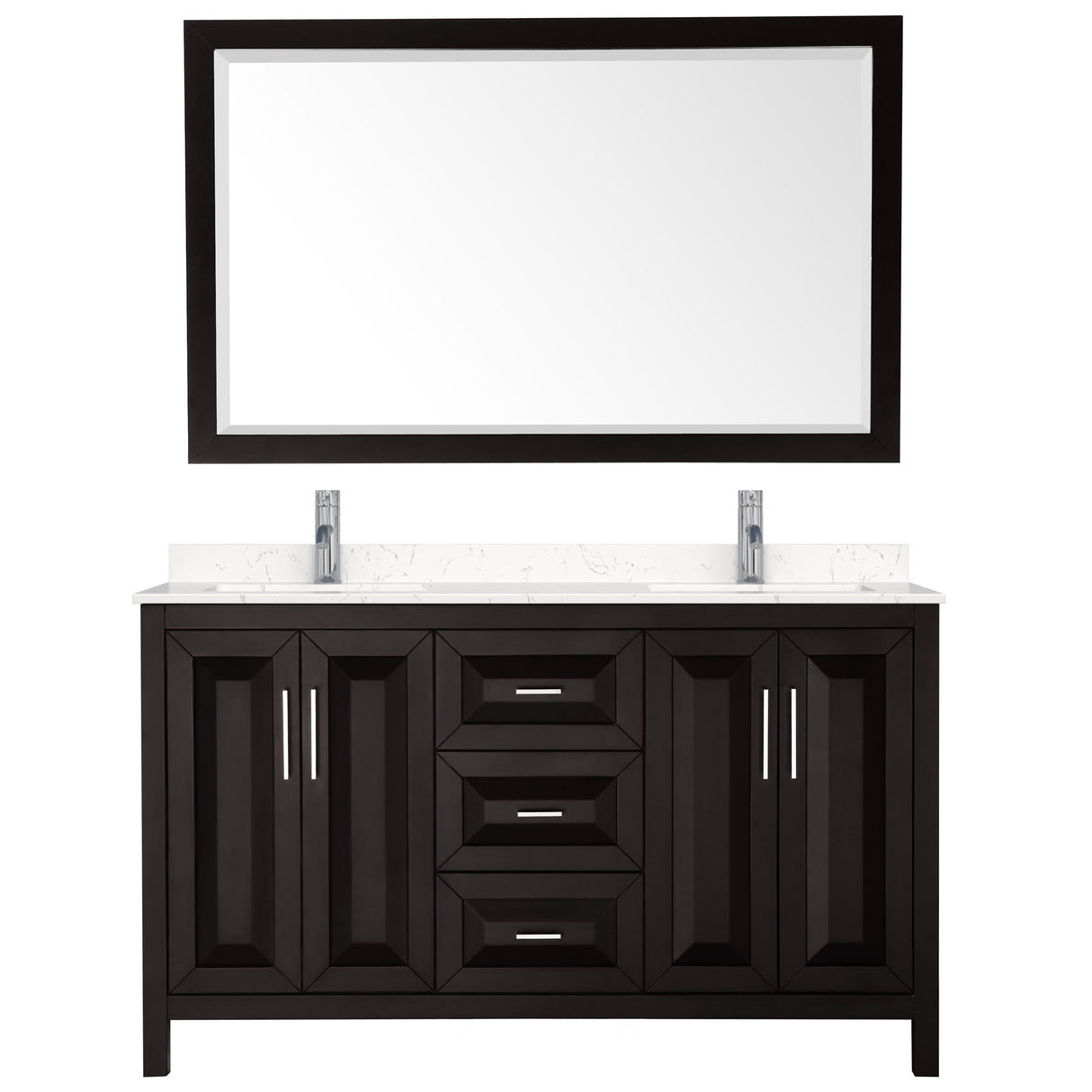 Daria 60 Inch Double Bathroom Vanity in Dark Espresso Carrara Cultured Marble Countertop Undermount Square Sinks 58 Inch Mirror