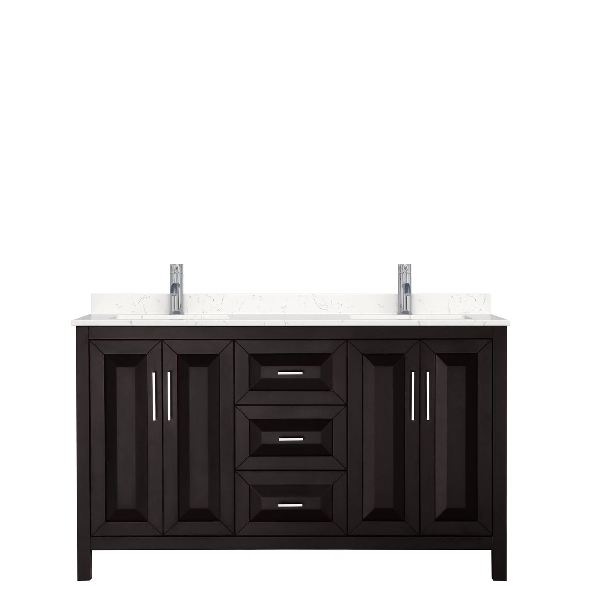 Daria 60 Inch Double Bathroom Vanity in Dark Espresso Carrara Cultured Marble Countertop Undermount Square Sinks No Mirror