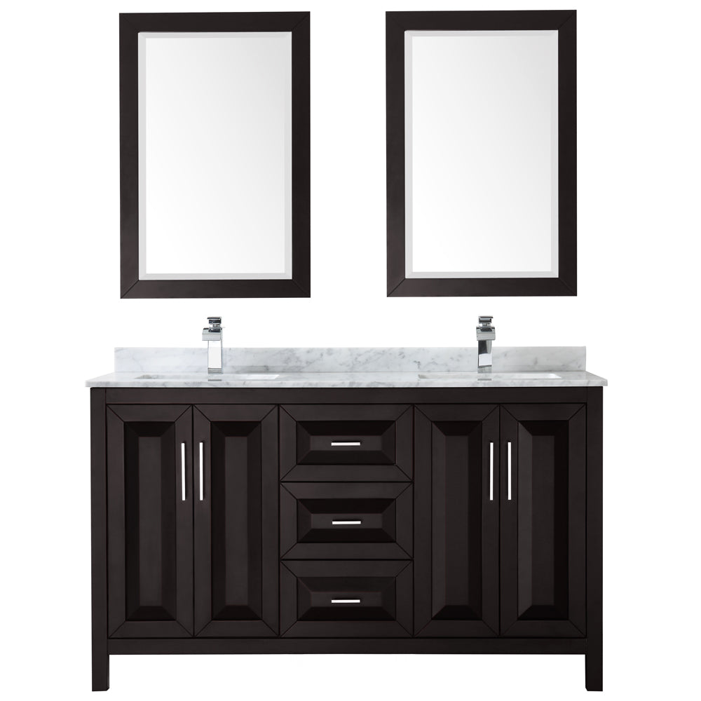 Daria 60 Inch Double Bathroom Vanity in Dark Espresso White Carrara Marble Countertop Undermount Square Sinks and 24 Inch Mirrors
