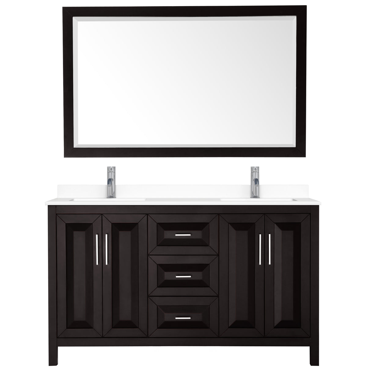 Daria 60 Inch Double Bathroom Vanity in Dark Espresso White Cultured Marble Countertop Undermount Square Sinks 58 Inch Mirror