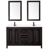 Daria 60 Inch Double Bathroom Vanity in Dark Espresso Carrara Cultured Marble Countertop Undermount Square Sinks Matte Black Trim 24 Inch Mirrors