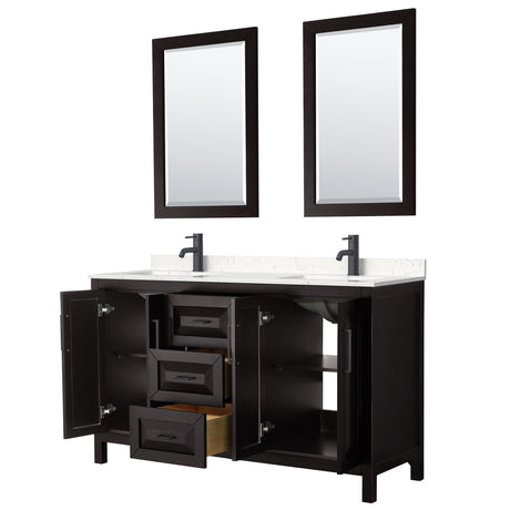 Daria 60 Inch Double Bathroom Vanity in Dark Espresso Carrara Cultured Marble Countertop Undermount Square Sinks Matte Black Trim 24 Inch Mirrors