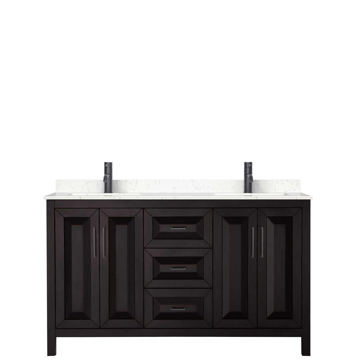 Daria 60 Inch Double Bathroom Vanity in Dark Espresso Carrara Cultured Marble Countertop Undermount Square Sinks Matte Black Trim