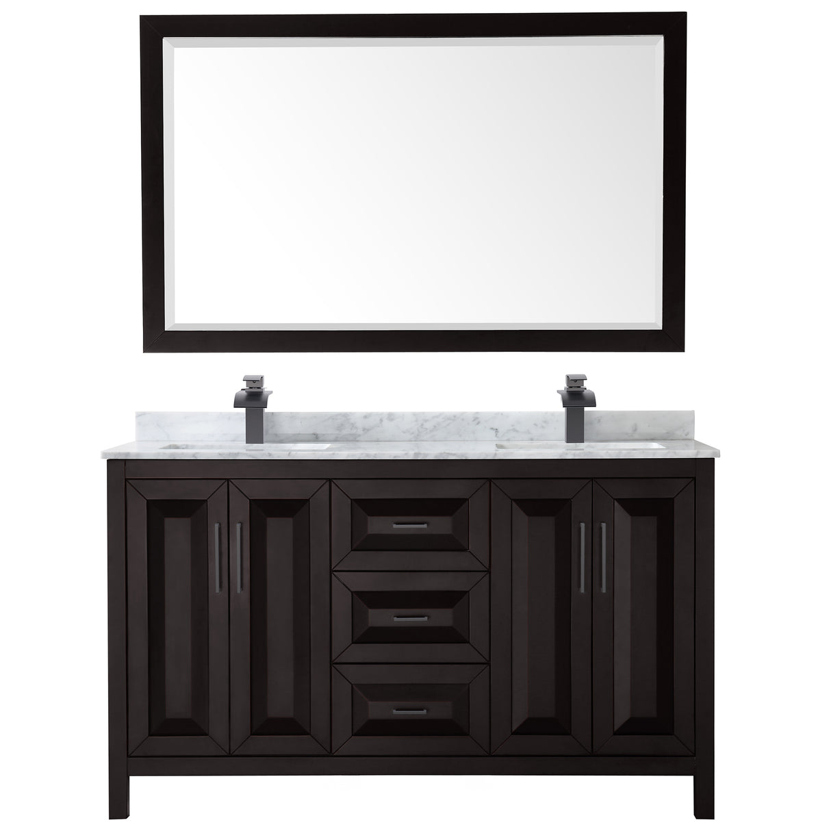 Daria 60 Inch Double Bathroom Vanity in Dark Espresso White Carrara Marble Countertop Undermount Square Sinks Matte Black Trim 58 Inch Mirror