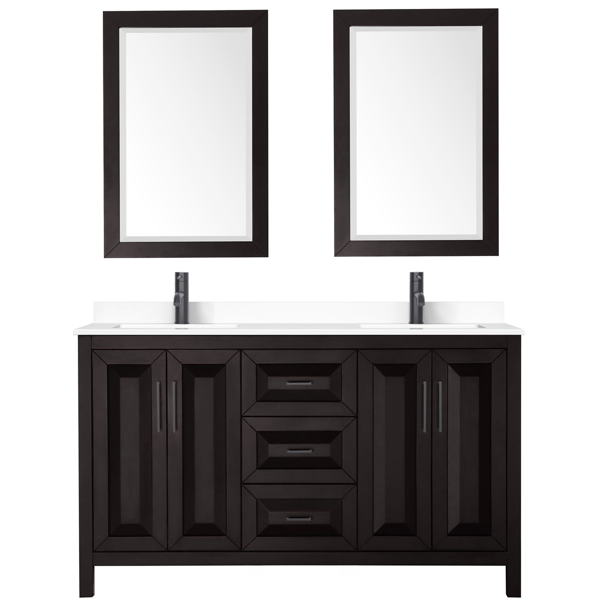 Daria 60 Inch Double Bathroom Vanity in Dark Espresso White Cultured Marble Countertop Undermount Square Sinks Matte Black Trim 24 Inch Mirrors