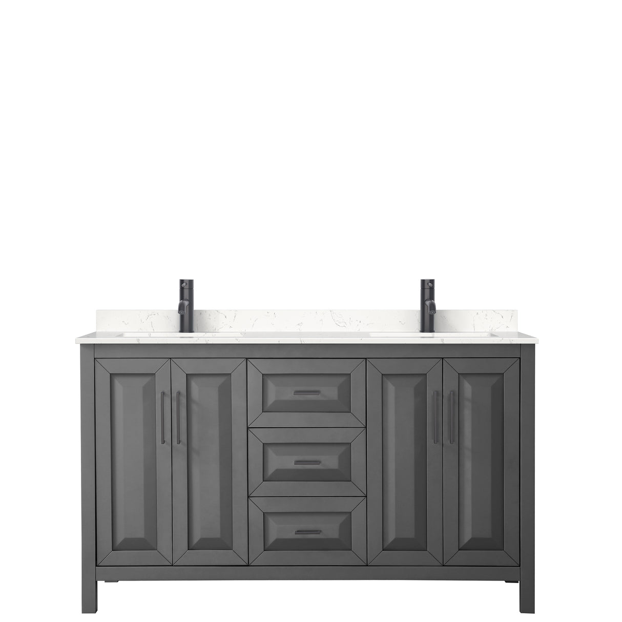 Daria 60 Inch Double Bathroom Vanity in Dark Gray Carrara Cultured Marble Countertop Undermount Square Sinks Matte Black Trim