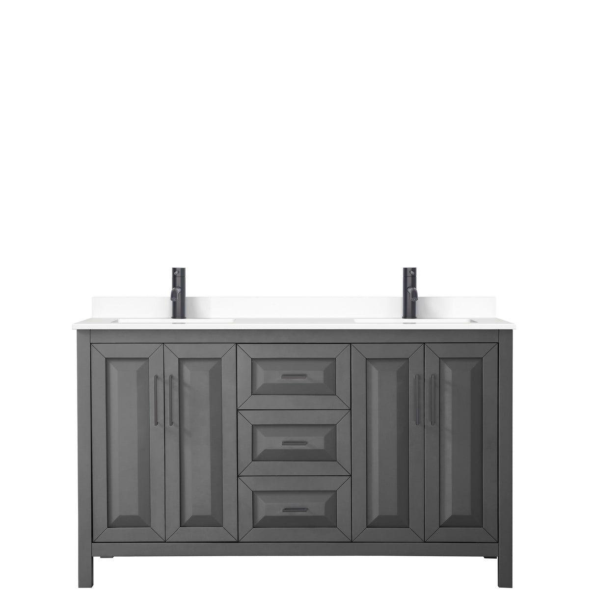 Daria 60 Inch Double Bathroom Vanity in Dark Gray White Cultured Marble Countertop Undermount Square Sinks Matte Black Trim