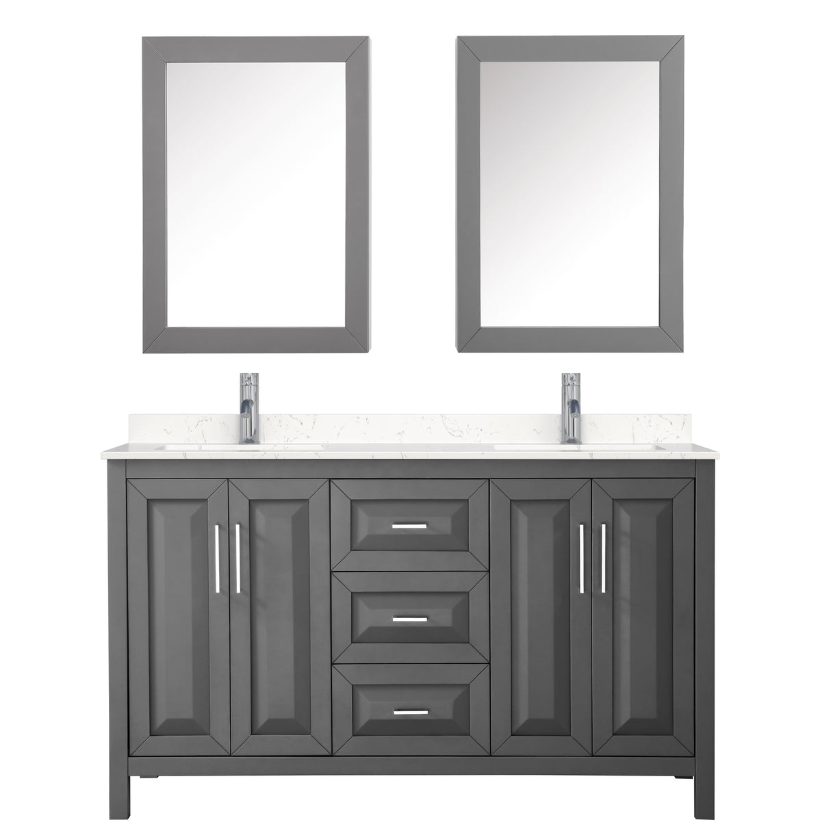 Daria 60 Inch Double Bathroom Vanity in Dark Gray Carrara Cultured Marble Countertop Undermount Square Sinks Medicine Cabinets