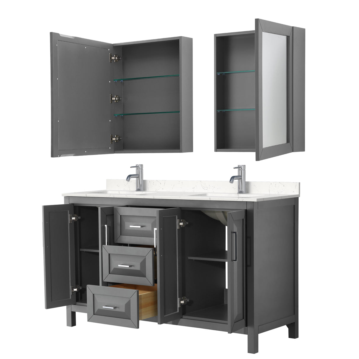Daria 60 Inch Double Bathroom Vanity in Dark Gray Carrara Cultured Marble Countertop Undermount Square Sinks Medicine Cabinets