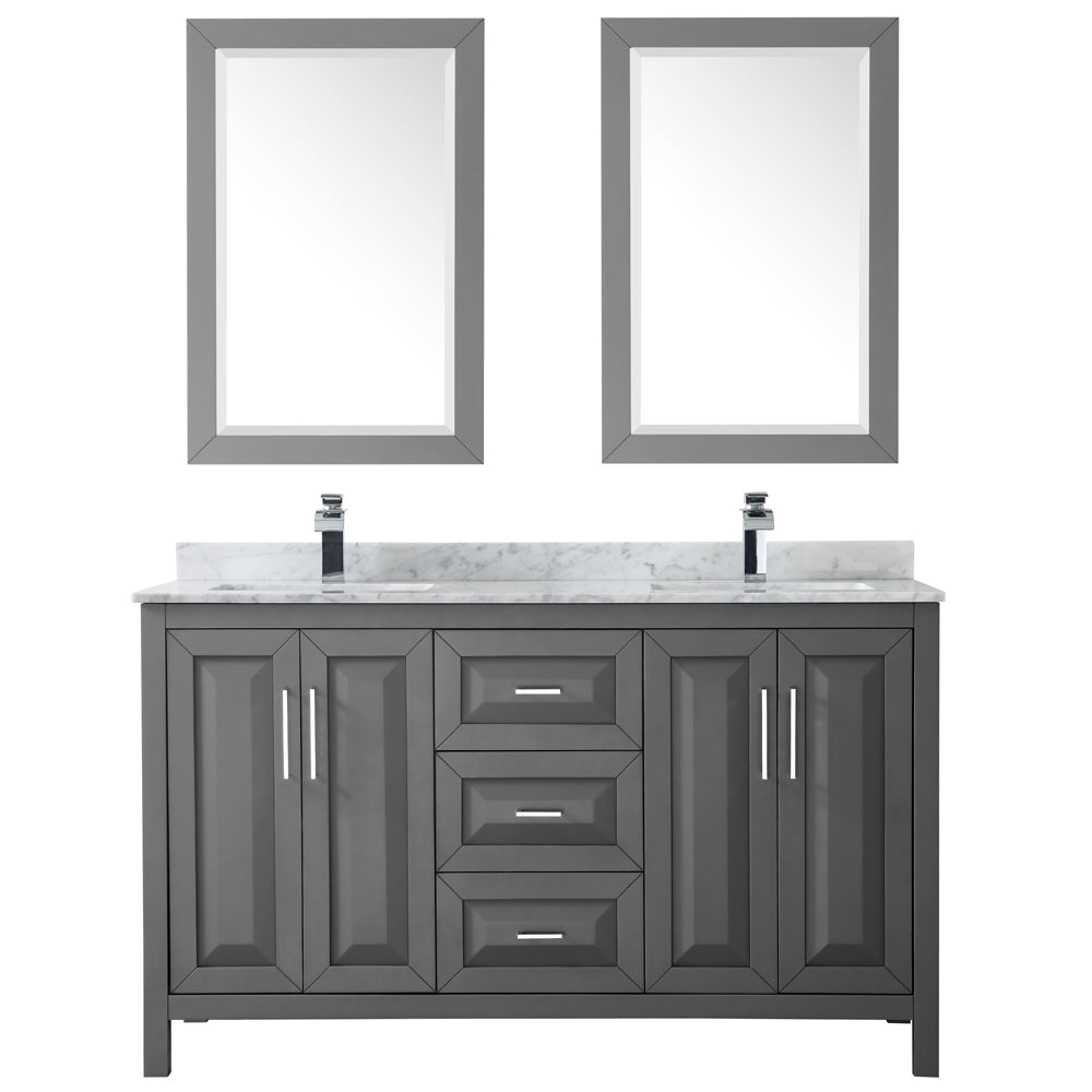 Daria 60 Inch Double Bathroom Vanity in Dark Gray White Carrara Marble Countertop Undermount Square Sinks and 24 Inch Mirrors
