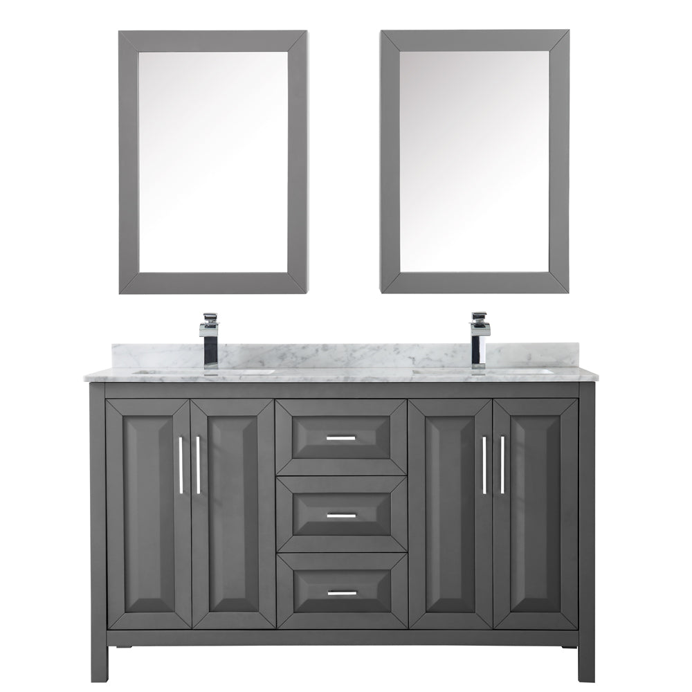 Daria 60 Inch Double Bathroom Vanity in Dark Gray White Carrara Marble Countertop Undermount Square Sinks and Medicine Cabinets