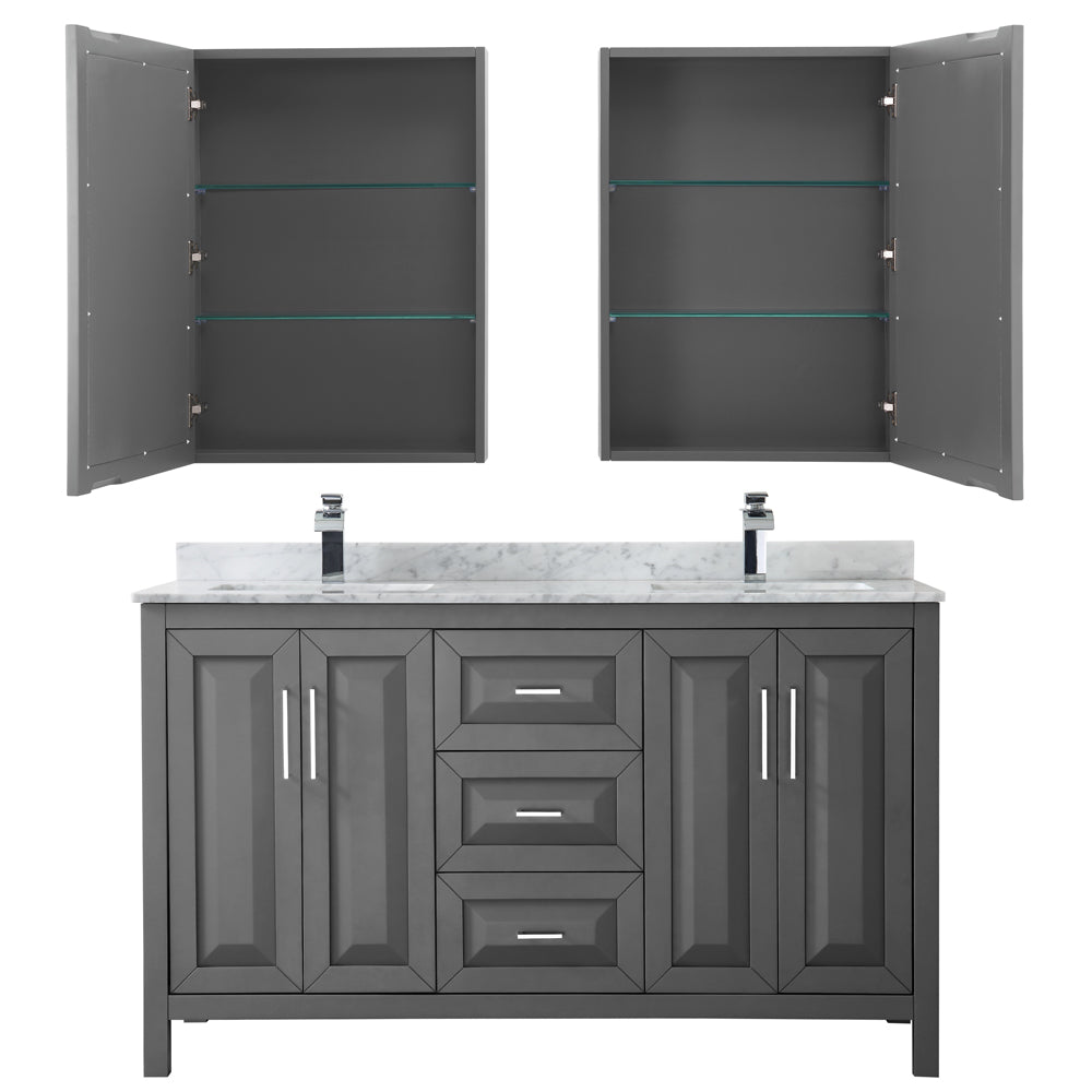 Daria 60 Inch Double Bathroom Vanity in Dark Gray White Carrara Marble Countertop Undermount Square Sinks and Medicine Cabinets