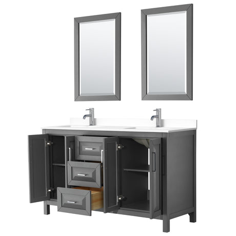 Daria 60 Inch Double Bathroom Vanity in Dark Gray White Cultured Marble Countertop Undermount Square Sinks 24 Inch Mirrors