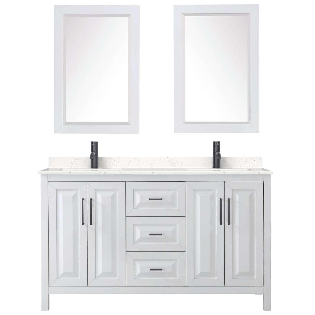Daria 60 Inch Double Bathroom Vanity in White Carrara Cultured Marble Countertop Undermount Square Sinks Matte Black Trim 24 Inch Mirrors