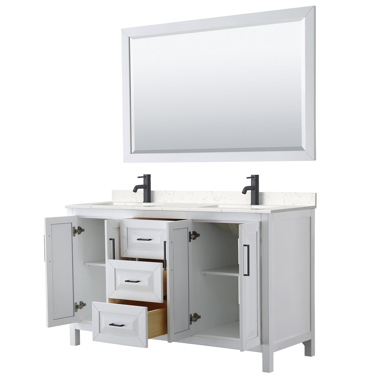 Daria 60 Inch Double Bathroom Vanity in White Carrara Cultured Marble Countertop Undermount Square Sinks Matte Black Trim 58 Inch Mirror