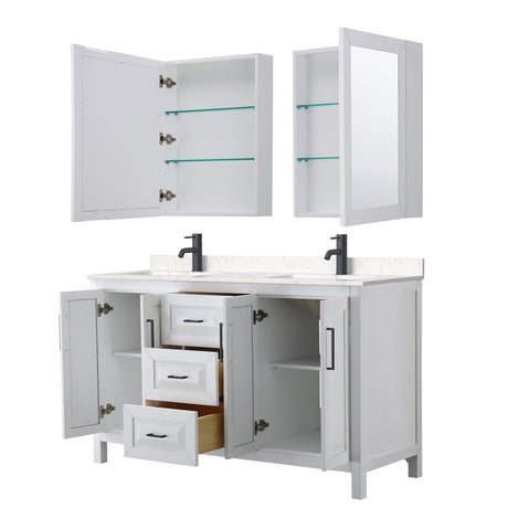 Daria 60 Inch Double Bathroom Vanity in White Carrara Cultured Marble Countertop Undermount Square Sinks Matte Black Trim Medicine Cabinets