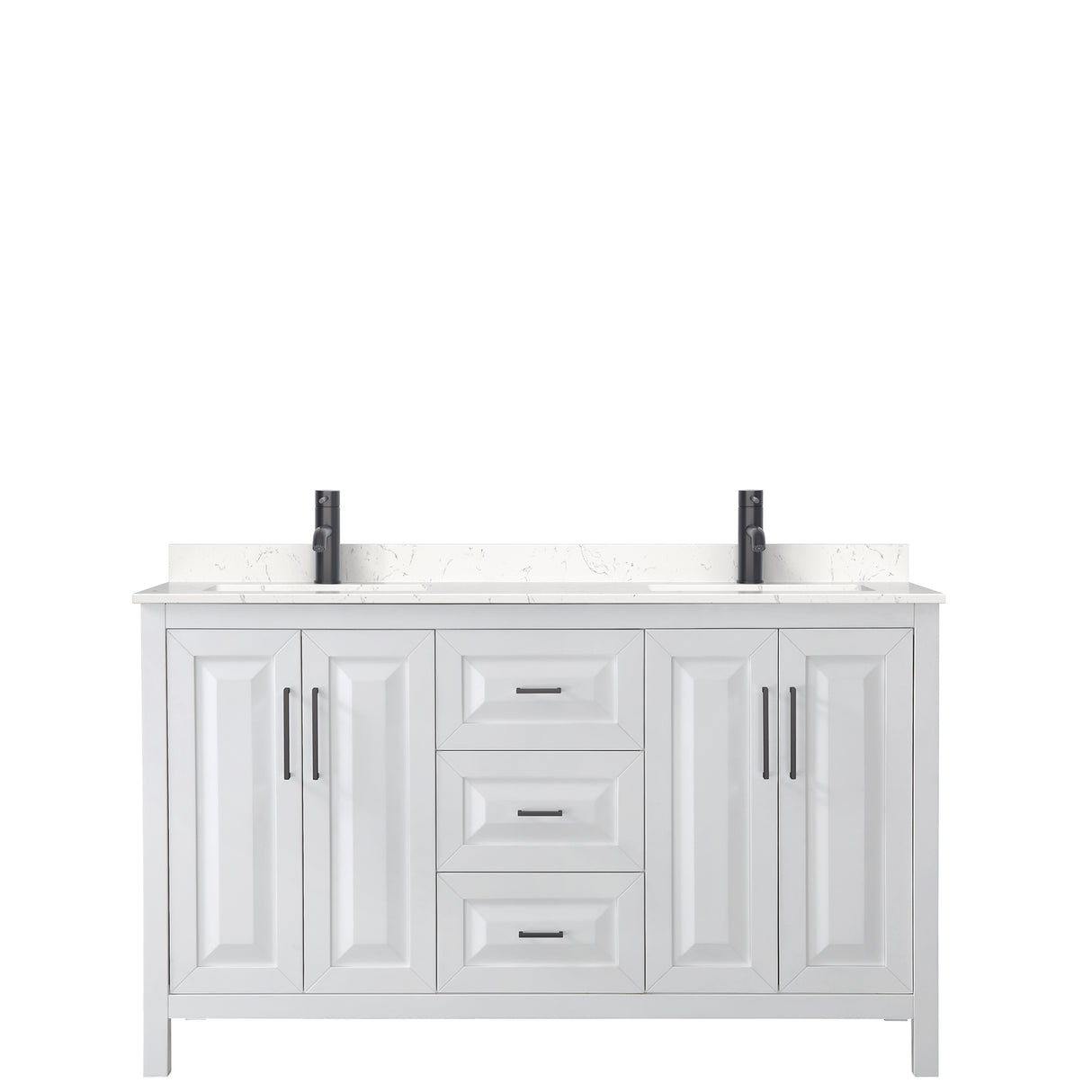 Daria 60 Inch Double Bathroom Vanity in White Carrara Cultured Marble Countertop Undermount Square Sinks Matte Black Trim