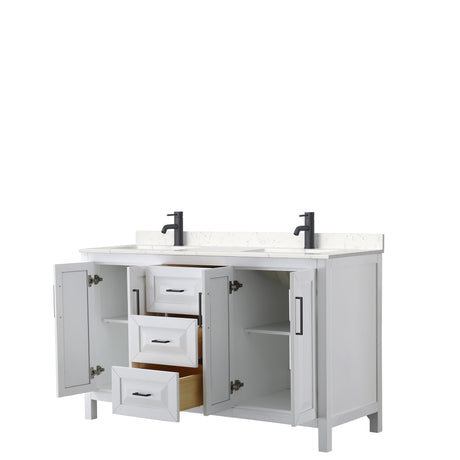 Daria 60 Inch Double Bathroom Vanity in White Carrara Cultured Marble Countertop Undermount Square Sinks Matte Black Trim