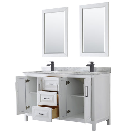 Daria 60 Inch Double Bathroom Vanity in White White Carrara Marble Countertop Undermount Square Sinks Matte Black Trim 24 Inch Mirrors