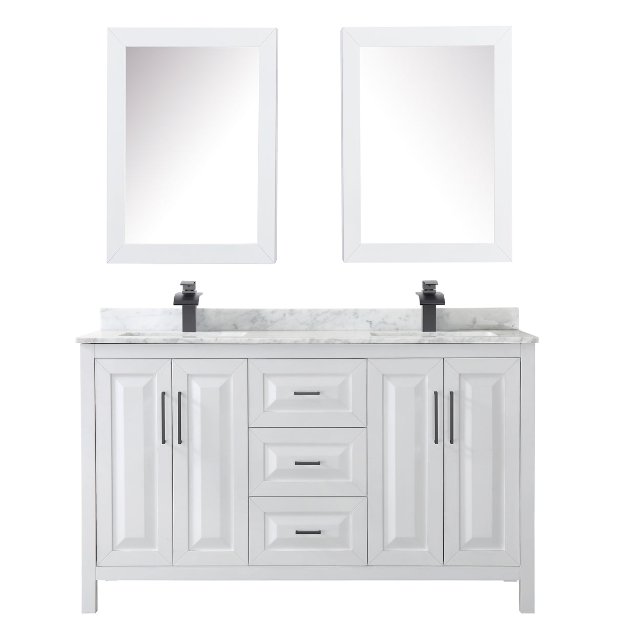 Daria 60 Inch Double Bathroom Vanity in White White Carrara Marble Countertop Undermount Square Sinks Matte Black Trim Medicine Cabinets