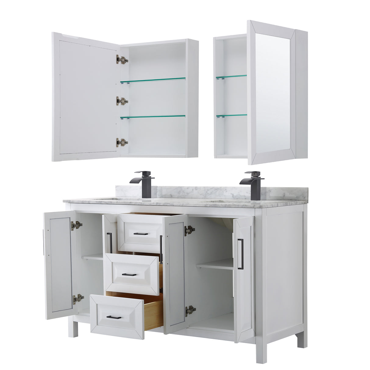 Daria 60 Inch Double Bathroom Vanity in White White Carrara Marble Countertop Undermount Square Sinks Matte Black Trim Medicine Cabinets