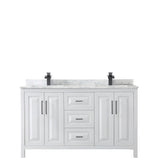 Daria 60 Inch Double Bathroom Vanity in White White Carrara Marble Countertop Undermount Square Sinks Matte Black Trim