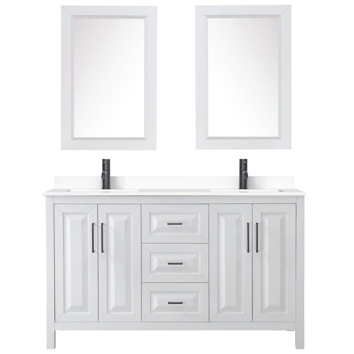 Daria 60 Inch Double Bathroom Vanity in White White Cultured Marble Countertop Undermount Square Sinks Matte Black Trim 24 Inch Mirrors